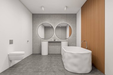 Tuvalet, küvet, iki yuvarlak ayna ve lavabo, beyaz duvarlar, sıvı sabun, beton zemin ve kapı. Sağlık için hijyenik ve spa prosedürleri kavramı. 3d oluşturma