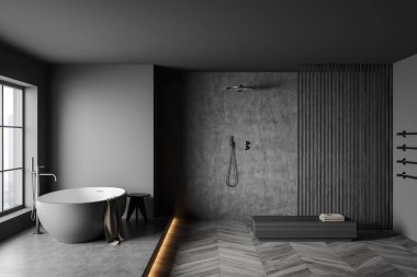 Duş, küvet, pencere, ahşap bölme, bank, havlu, beton ve meşe kaplı parke zemin, gri duvarlar. Sağlık için hijyenik ve spa prosedürleri kavramı. 3d oluşturma