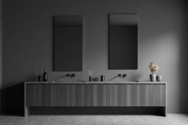 Çift lavabolu, iki aynalı, gri beton zeminli karanlık çamaşır odası. Banyo aksesuarları, dekorasyonu ve vazosu olan ahşap bir şifonyer. 3B görüntüleme