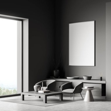 Iki koltuk ve sehpa ile koyu gevşetici oda, rafta kitaplar ve dekorasyon, gri beton zemin. Kırsal kesimde panoramik pencere. Duvardaki boş çerçeveyi, 3 boyutlu görüntülemeyi düzenle