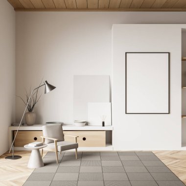 Parlak oturma odası içi boş beyaz poster, koltuk, sehpa, lamba, duvar, meşe ağacından ahşap döşeme, halı. Çağdaş daire tasarımı kavramı. Model yap. 3d oluşturma