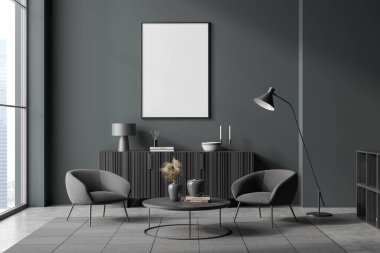 İki koltuk ve kahve sehpası olan karanlık bir salon, pencere kenarında dekorasyonu olan bir çekmece, gri beton zeminde halı. Boş çerçeve, 3B oluşturma