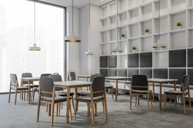 Parlak kafenin iç tarafında sandalyeli masalar, panoramik pencere, beyaz duvar ve beton zemin. Minimalist tasarım kavramı. Yaratıcı fikir için yer var. 3d oluşturma