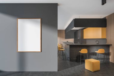 İçi boş beyaz posterli, panoramik pencereli, bar tezgahlı, puflu ve beton zeminli. Minimalist tasarım kavramı. Yaratıcı fikir için yer var. Model yap. 3d oluşturma