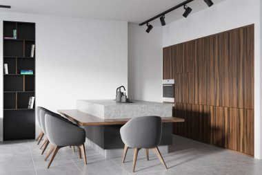 Beyaz mutfak içi dört koltuk ve gri döşemeli tezgah, yan görüş. Kitaplı raflar, spot ışıkları. Modern aletlerle yemek pişirme odası. 3B görüntüleme