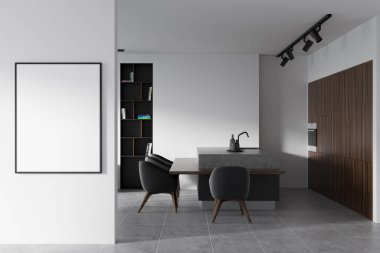 Parlak stüdyo odası içi boş beyaz poster, dört koltuklu bar tezgahı, kitaplık, fırın, beton zemin. Minimalist tasarım kavramı. Yaratıcı fikir için yer var. Model yap. 3d oluşturma