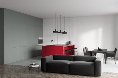 Parlak stüdyo odasının içi kanepe, kahve masası koltuklu masa, beton ve ahşap zemin, bar tezgahı. Minimalist tasarım kavramı. Yaratıcı fikir için yer var. 3d oluşturma