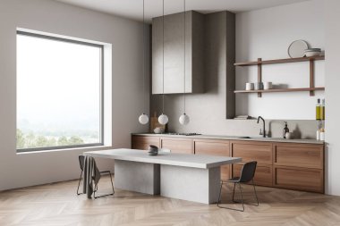 Açık mutfak, sandalyeler, tabaklar, ahşap döşemeler. Kırsal manzaralı panoramik pencerenin yanında yemek pişirme seti, 3B görüntüleme