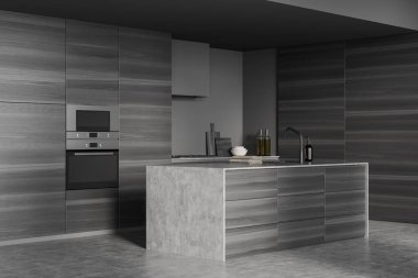 İçinde çift fırın, lavabo, havlu, sıvı sabun, gaz ocağı, yemek masaları, beton zemin olan karanlık mutfak odası. Minimalist tasarım kavramı. Yaratıcı fikir için yer var. 3d oluşturma