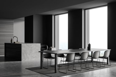 Açık uzay mutfağı, ada dolabı, köşede koltuk. Sekiz sandalye ve halıda yemek masası, yan manzara, gri beton zemin. Kırsal kesimli panoramik pencere. 3B görüntüleme