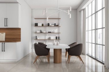 Parlak mutfak odası, dört koltuk, raf, gökdelen manzaralı panoramik pencere, beton zemin. Minimalist tasarım kavramı. Yaratıcı fikir için yer var. 3d oluşturma