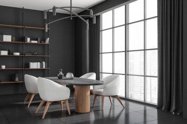 Koyu renk mutfak manzarası, dört koltuk, raf, gökdelen manzaralı panoramik pencere, beton zemin. Minimalist tasarım kavramı. Yaratıcı bir fikir. 3d oluşturma