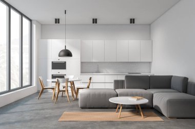 Panoramik pencere, kanepe, çift fırın, yemek masası, lavabo, sandalyeler, beton zemin. Minimalist tasarım kavramı. Yaratıcı fikir için yer var. 3d oluşturma