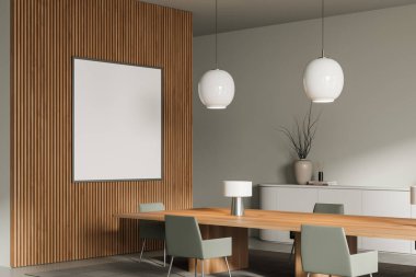 Parlak ofis içi manzarası boş beyaz poster, koltuklu masa, lambalar, beton zemin. Toplantı odası kavramı. Çalışma için uygun bir yer. Model yap. 3d oluşturma