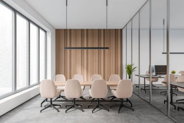 Parlak ofis odasının iç manzarası toplantı masası, masaüstü, koltuklar, panoramik pencereler, cam bölme ve beton zemin. Çalışma sürecinin konsepti. 3d oluşturma