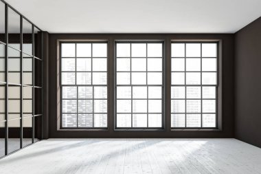 Karanlık ofis odasının iç tarafında yaratıcı fikir, cam bölme, üç panoramik pencere ve ahşap zemin için bir sürü boş yer var. Çalışma sürecinin konsepti. 3d oluşturma