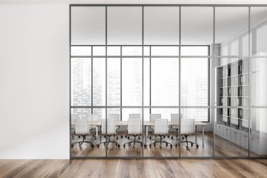 Konferans odasının içi cam kapılar, ön manzara, koltuklar ve ahşap zemin. Singapur şehir manzarasında panoramik pencere. Boşluk beyaz duvarını kopyala, 3B görüntüleme