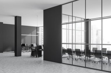 Koyu renk iş birliği ve iç mekan, koltuk ve tahta, gri beton zemin. Singapur gökdelenleri ve yan manzaralı panoramik pencereler. İş salonu ve bilgisayar. 3B görüntüleme