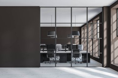 Cam kapıların arkasındaki karanlık ofis odası, masaüstü bilgisayarı olan koltuklar, gri beton zemin. Güneş ışığı olan bir pencere. Uzayın kahverengi duvarını kopyala, 3D görüntüleme