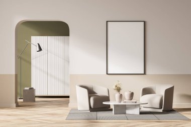 Oturma odasının içinde iki koltuk ve dekoratif kahve sehpası var. Ön manzara, ahşap zemin üzerinde halı. Boş tuval, 3 boyutlu görüntüleme