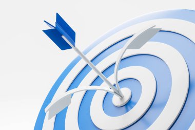 Yeni ok, beyaz arka planda mavi bir dart tahtasının ortasına isabet etti. Geliştirme kavramı ve yeni hedef. İş hedefi başarısı, 3B oluşturma