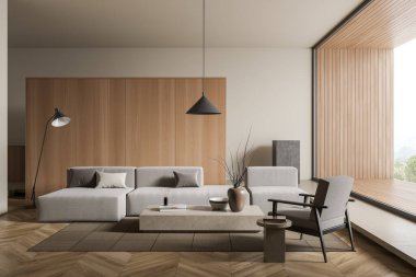 Koltuğu ve koltuğu olan parlak bir oturma odası kırsal manzaralı panoramik pencere, sehpa ve ahşap zemin. Minimalist tasarım kavramı. Yaratıcı fikir için yer var. 3d oluşturma