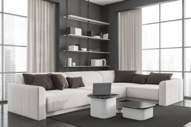 İçi panoramik pencereli karanlık oturma odası gökdelen manzaralı, kanepe, dizüstü bilgisayar, sehpa, raf, kitaplar, çanak çömlek, beton zemin. Minimalist tasarım kavramı. Yaratıcı bir fikir. 3d oluşturma