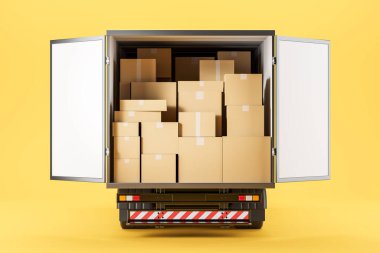 Karton kutularla dolu beyaz bir kamyonun arka görüntüsü. Sarı arka plan. Paketleme ve sevkiyat kavramı. Çevrimiçi siparişlerin ücretsiz teslimi. Kopyalama alanı, 3B oluşturma
