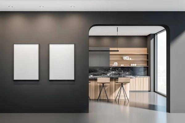 Black kitchen interior with bar seats and table on grey concrete floor, front view, window with countryside. Wooden kitchen set and kitchenware. Two mock up frames in row, 3D rendering