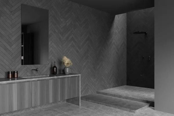 Lavabo Aynalı Karanlık Banyo Yan Görüş Duş Fayans Duvarı Gri — Stok fotoğraf