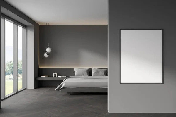 Dunkles Schlafzimmerinterieur Mit Leerem Weißen Poster Bett Panoramafenster Mit Blick — Stockfoto