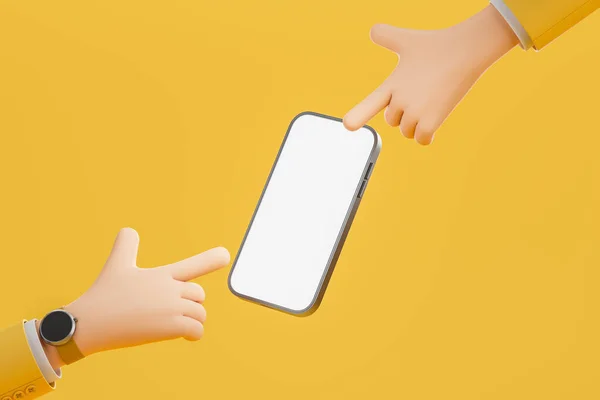 Cartoon Karakter Vingers Wijzen Naar Smartphone Met Blanco Display Mock — Stockfoto