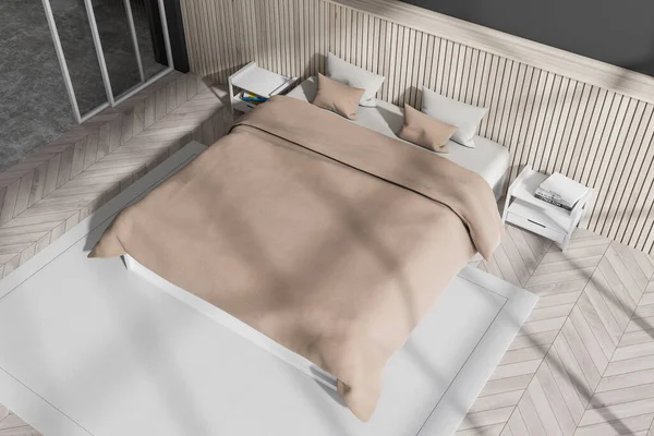 Draufsicht Auf Die Beige Holzschlafzimmerausstattung Bettwäsche Und Kissen Teppich Auf — Stockfoto