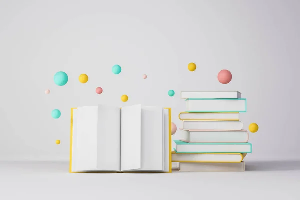 Stapel Boeken Open Notitieboek Met Blanco Papier Lichtgrijze Achtergrond Decoratieve — Stockfoto