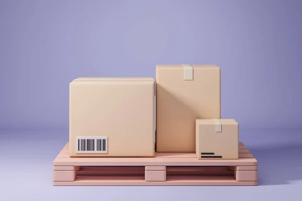 Tres Cajas Cartón Cerradas Paleta Sello Seguimiento Fondo Púrpura Concepto — Foto de Stock