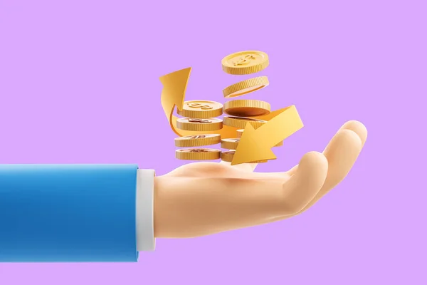 Menschenhand Mit Schwimmenden Dollarmünzen Seitenansicht Goldpfeile Auf Violettem Hintergrund Geld — Stockfoto