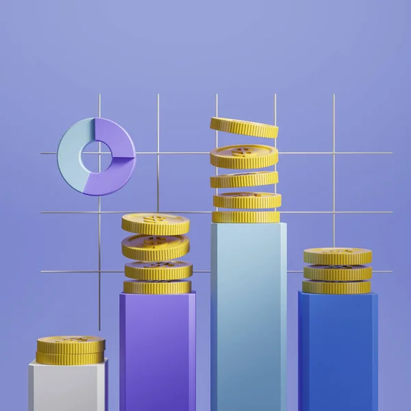 Фінансові Графіки Золоті Монети Барній Діаграмі Синій Фон Концепція Доходів — стокове фото