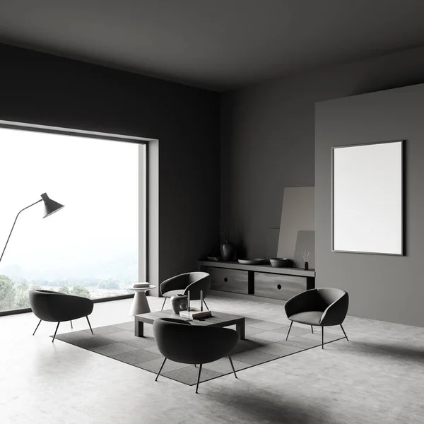 Dark Living Room Interior Empty White Poster Armchair Panoramic Window — Stock Photo, Image