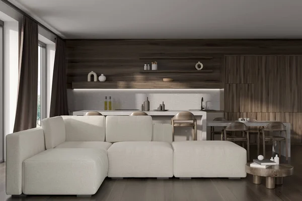 Interior Cozinha Escura Com Janela Panorâmica Com Vista Para Campo — Fotografia de Stock