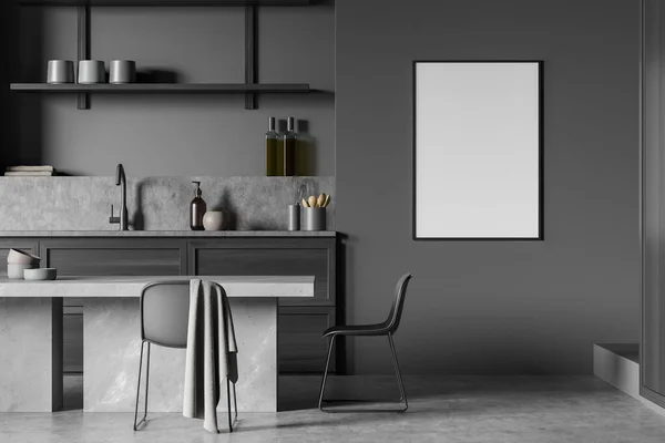 Donkere Keuken Interieur Met Lege Witte Poster Eettafel Wastafel Stoelen — Stockfoto