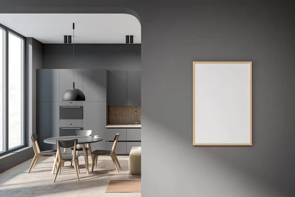 Interiér Temné Kuchyně Prázdným Bílým Plakátem Panoramatickým Oknem Dvojitou Troubou — Stock fotografie
