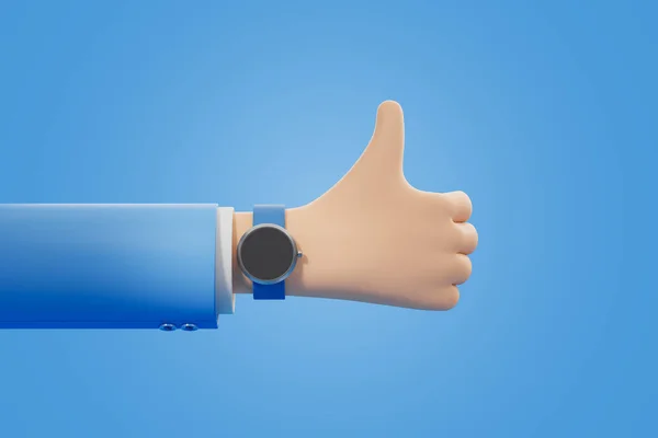 White Cartoon Hand Thumb Blue Background Smart Watch Concept Approve — Stock Photo, Image