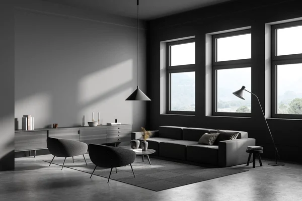 Modern Lounge Interiör Med Soffa Och Två Fåtöljer Soffbord Och — Stockfoto
