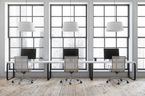 White Coworking Room Interior Armchairs Computers Table Row Hardwood Floor — Stock Photo, Image