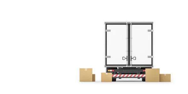 Back View Closed White Delivery Truck Cardboard Boxes Isolated White — Stock Photo, Image