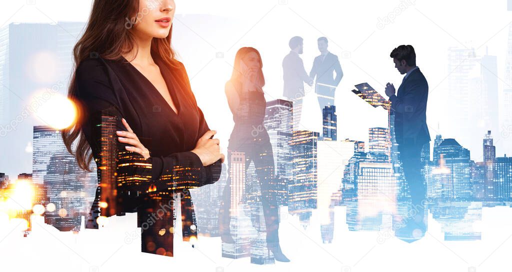 Businesswoman with arms crossed, confident look. Silhouettes of diverse business people working together, double exposure of city skyscrapers. Concept of boss and teamwork