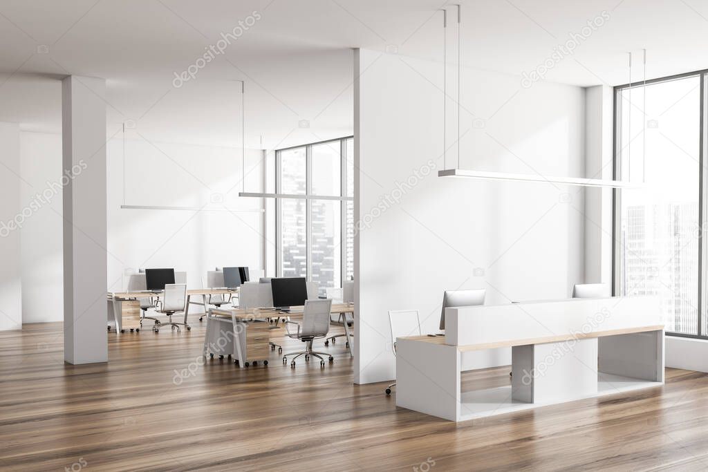 White office room interior with reception and computers in coworking area, hardwood floor. Entrance hall, workspace and pc computers, panoramic window on city view, 3D rendering
