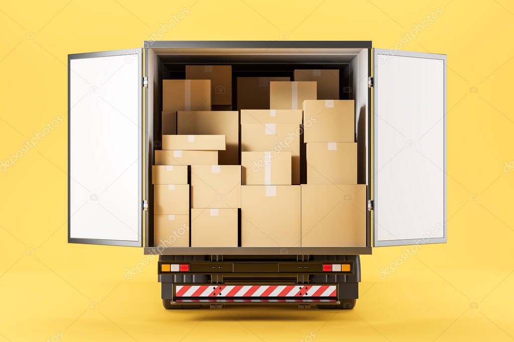 Back view of white truck full with cardboard boxes. Yellow background. Concept of packaging and shipment. Free delivery of online order. Mock up copy space, 3D rendering