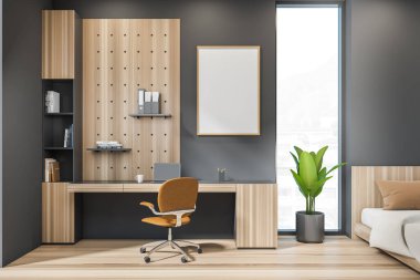 Duvarda beyaz poster, ahşap yatak odası iç mekan ve panoramik pencereli ofis, rahat yatak. Bilgisayar masanın üstünde. Modern hayat kavramı. Modelleme. 3d oluşturma.