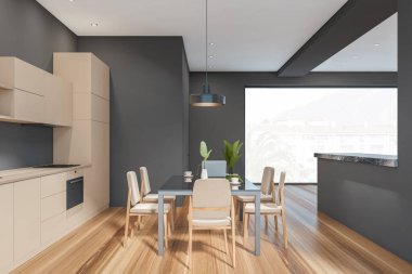 Modern yemek odası, panoramik pencere, 6 sandalyeli büyük cam masa. Şık bir mutfak. Ahşap döşeme. Açık alan. 3d oluşturma.